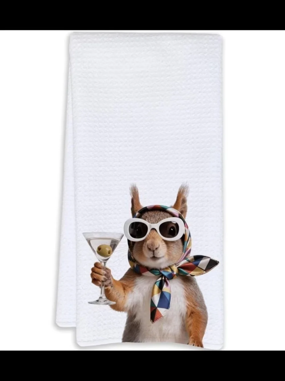 Whimsical Squirrel Print Tea Towel with Geometric Scarf
